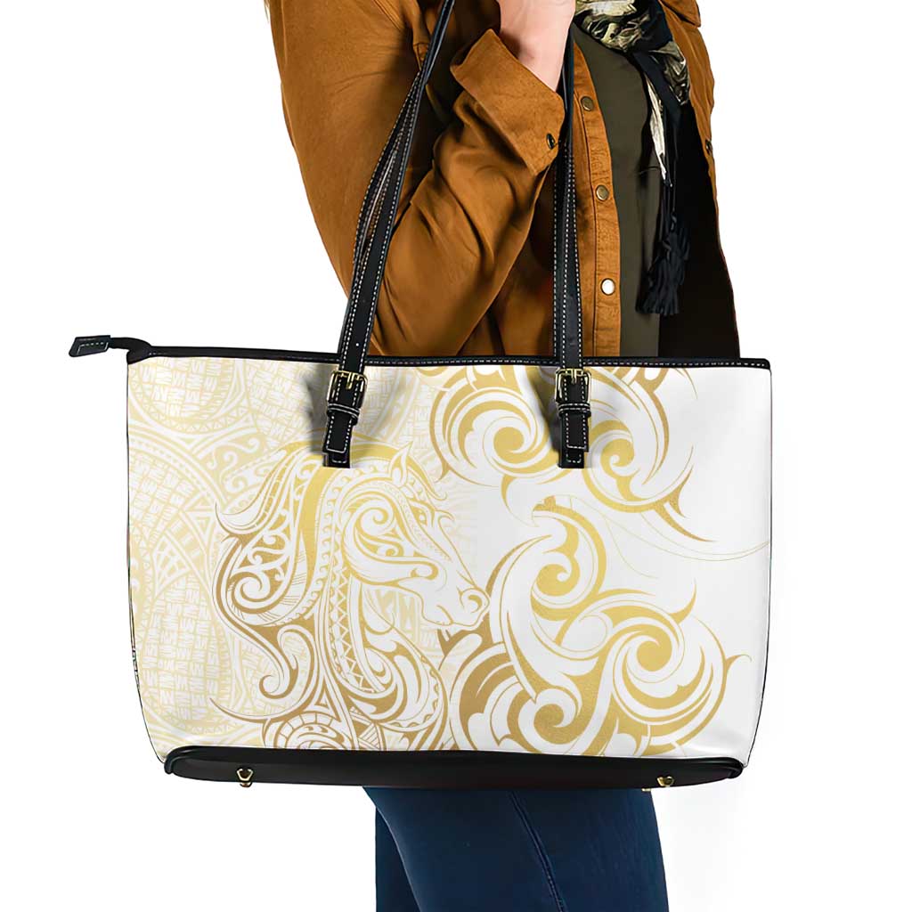 Gold And White Aotearoa Horse Racing Leather Tote Bag NZ Maori Pattern LT14 - Polynesian Pride