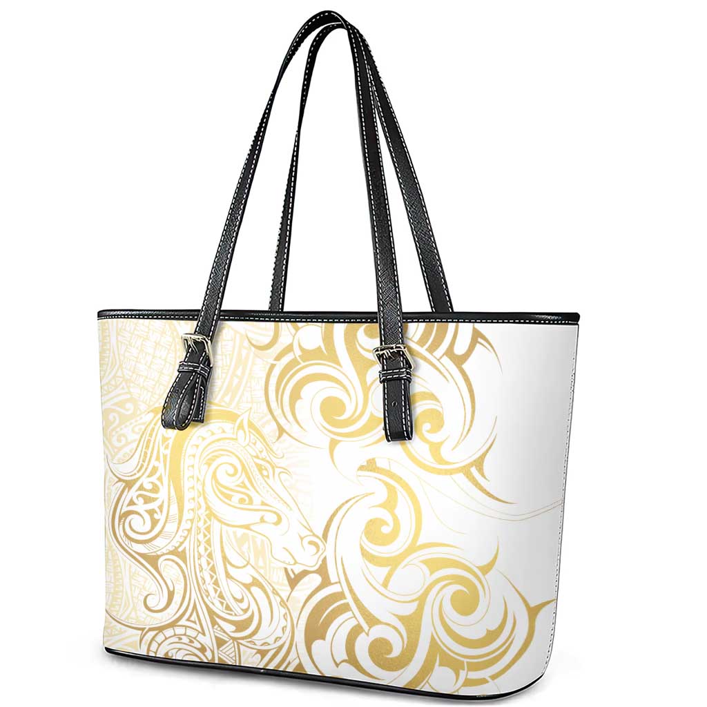 Gold And White Aotearoa Horse Racing Leather Tote Bag NZ Maori Pattern LT14 - Polynesian Pride
