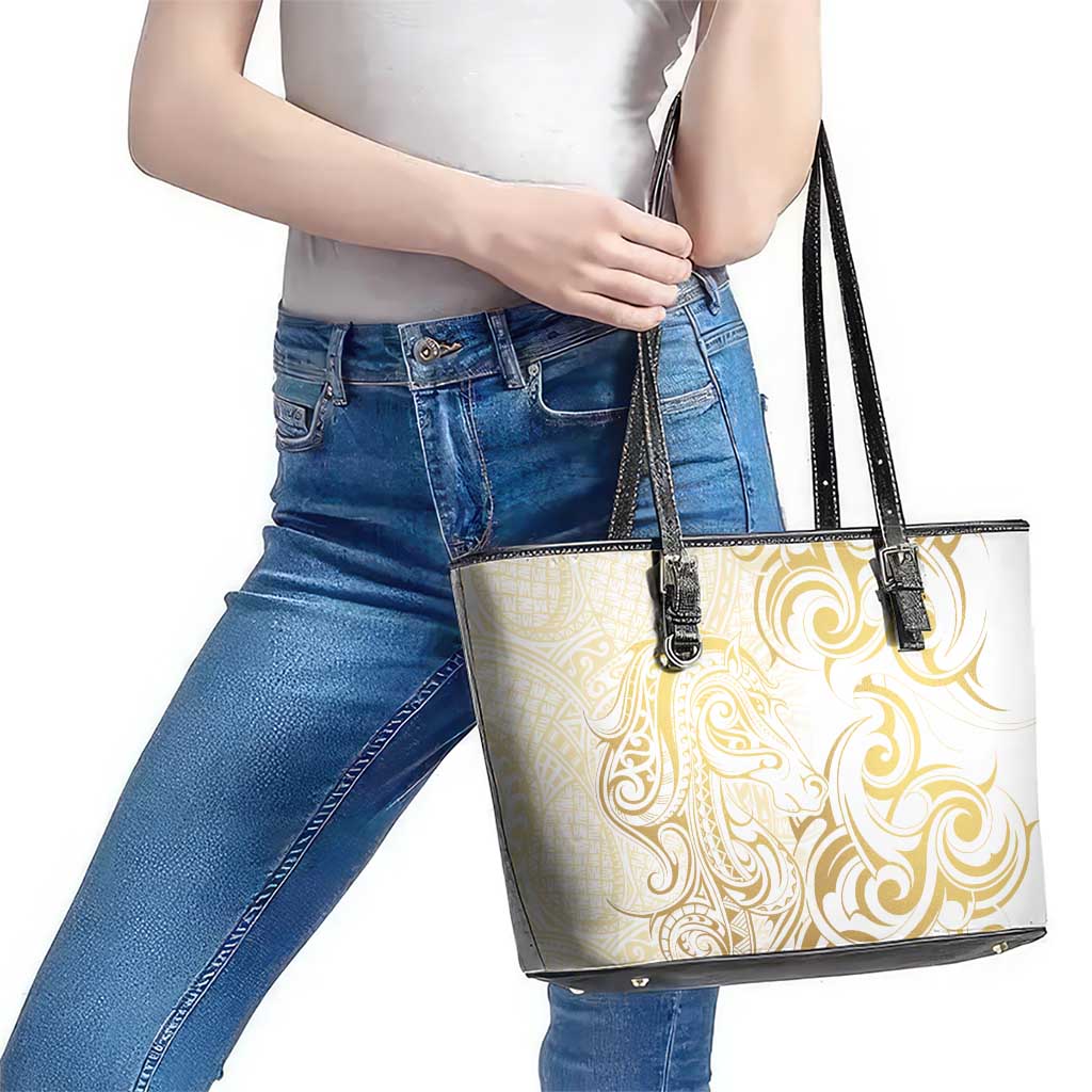 Gold And White Aotearoa Horse Racing Leather Tote Bag NZ Maori Pattern LT14 - Polynesian Pride