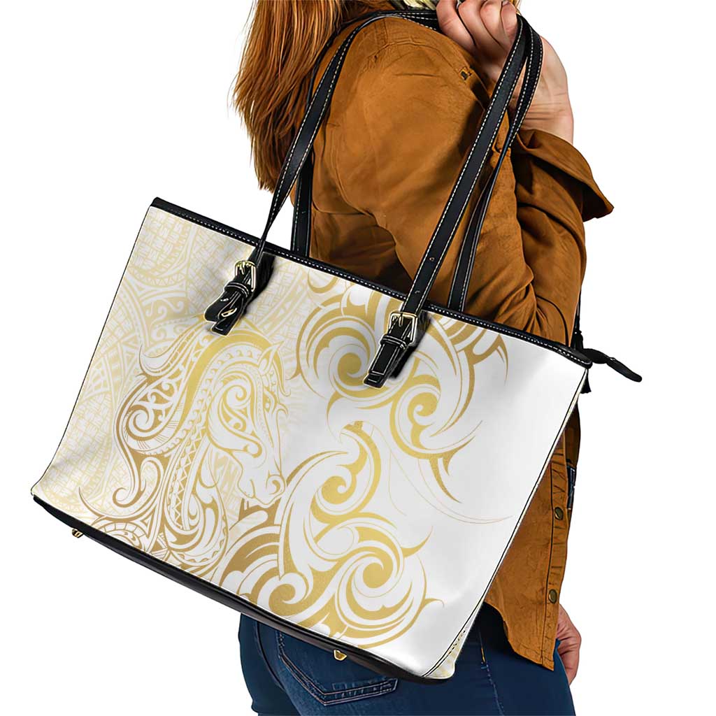 Gold And White Aotearoa Horse Racing Leather Tote Bag NZ Maori Pattern LT14 - Polynesian Pride