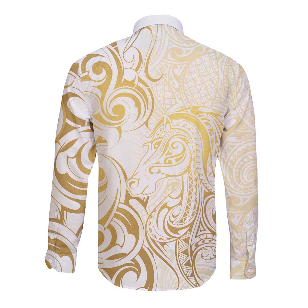 Gold And White Aoteara Horse Racing Long Sleeve Button Shirt NZ Maori Pattern