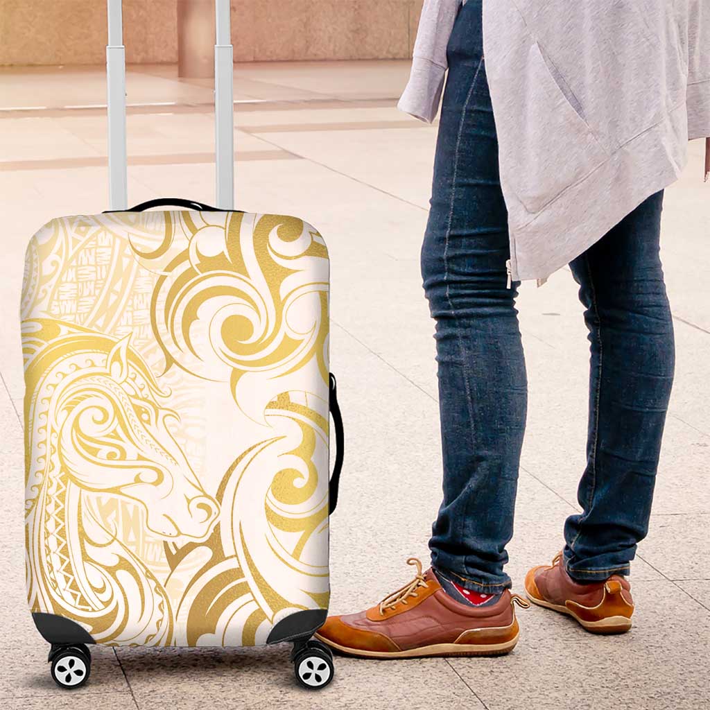 Gold And White Aoteara Horse Racing Luggage Cover NZ Maori Pattern