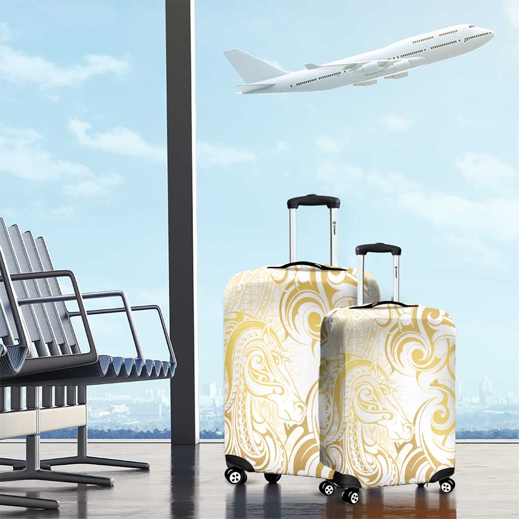 Gold And White Aoteara Horse Racing Luggage Cover NZ Maori Pattern