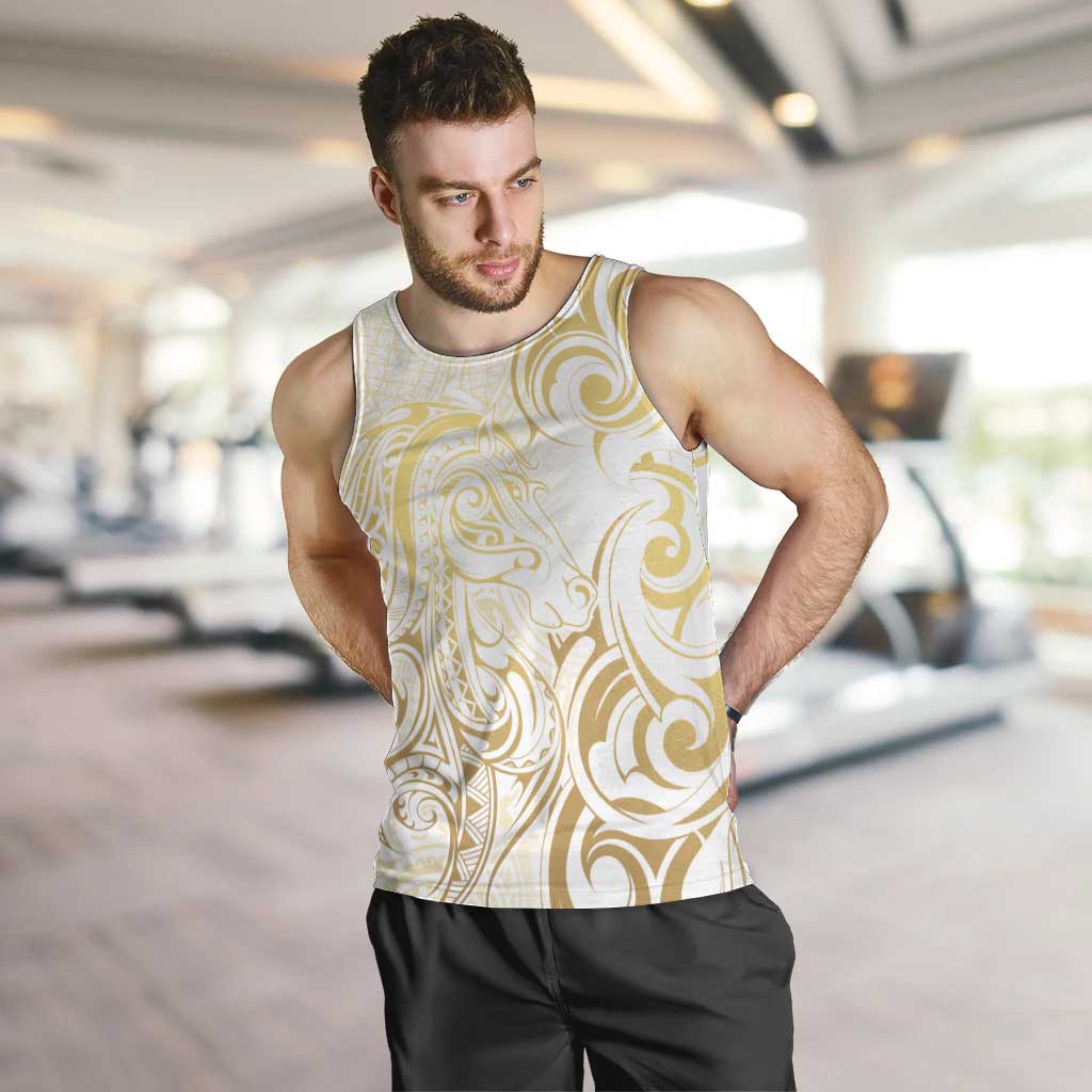 Gold And White Aotearoa Horse Racing Men Tank Top NZ Maori Pattern LT14 White - Polynesian Pride