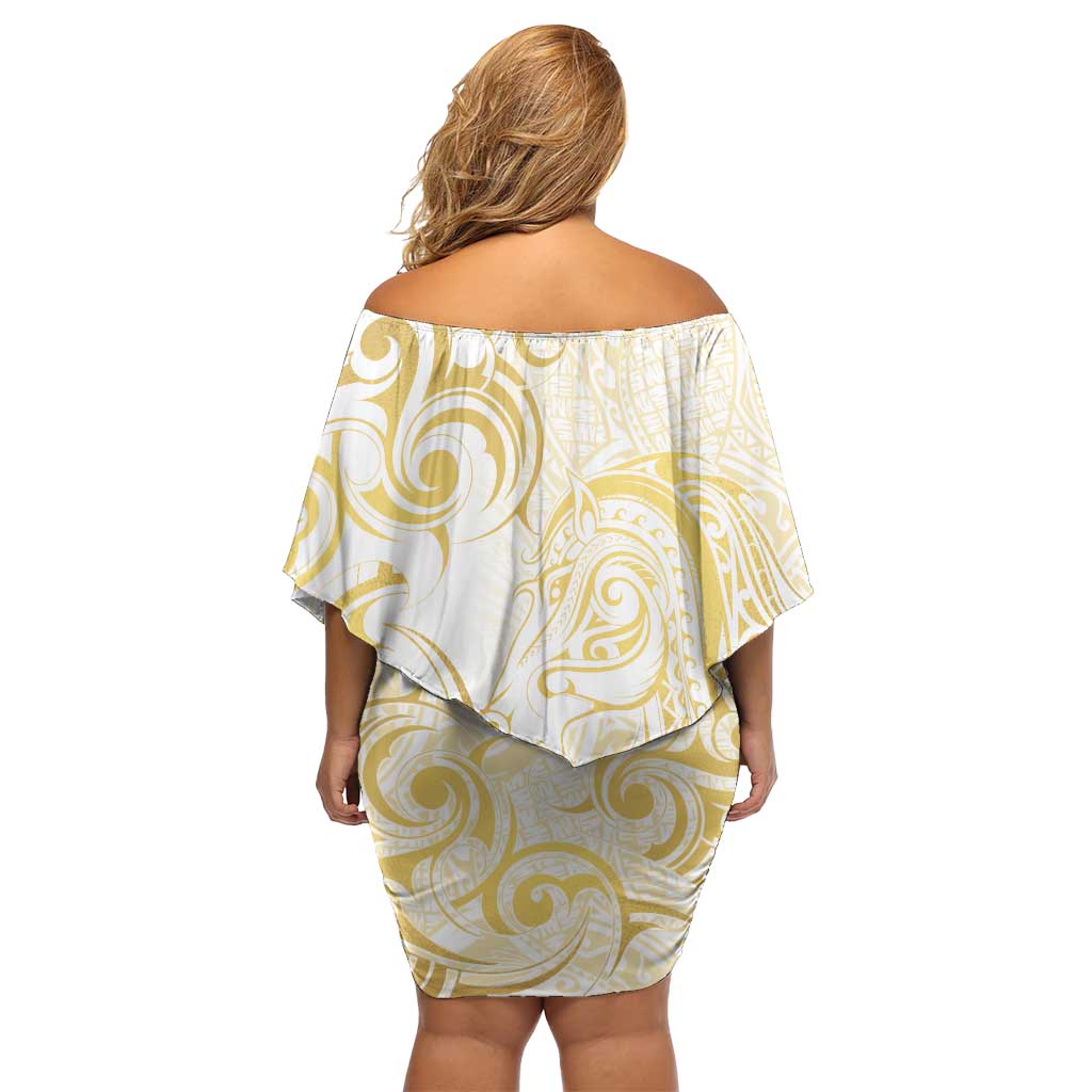 Gold And White Aotearoa Horse Racing Off Shoulder Short Dress NZ Maori Pattern LT14 - Polynesian Pride