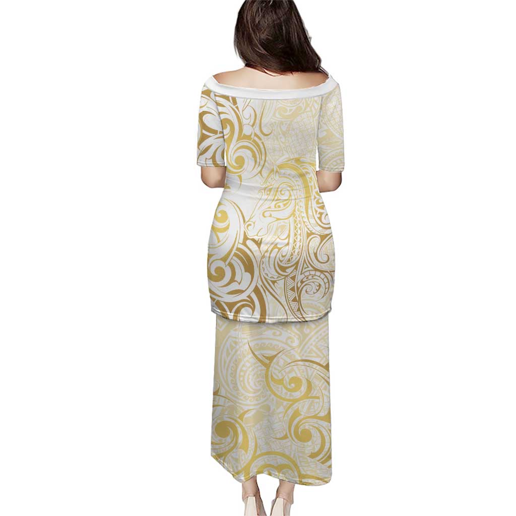 Gold And White Aotearoa Horse Racing Puletasi NZ Maori Pattern LT14 - Polynesian Pride