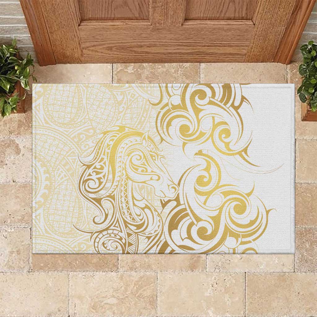 Gold And White Aotearoa Horse Racing Rubber Doormat NZ Maori Pattern LT14 White - Polynesian Pride