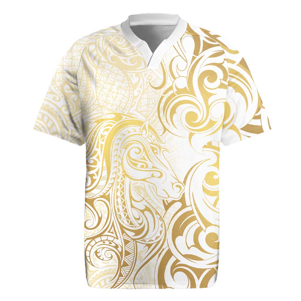 Gold And White Aotearoa Horse Racing Rugby Jersey NZ Maori Pattern LT14 White - Polynesian Pride