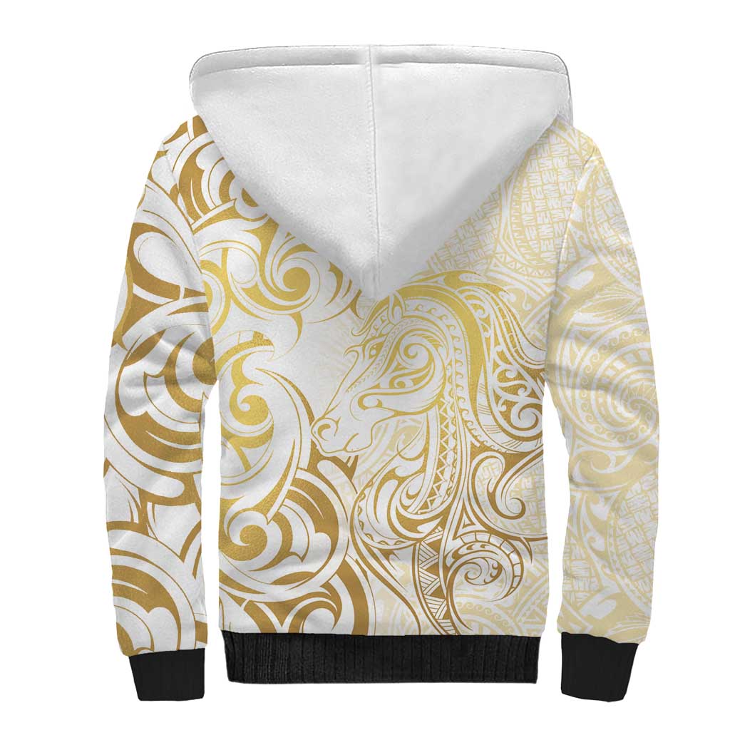 Gold And White Aotearoa Horse Racing Sherpa Hoodie NZ Maori Pattern LT14 - Polynesian Pride