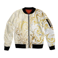 Gold And White Aotearoa Horse Racing Sleeve Zip Bomber Jacket NZ Maori Pattern LT14 Unisex White - Polynesian Pride