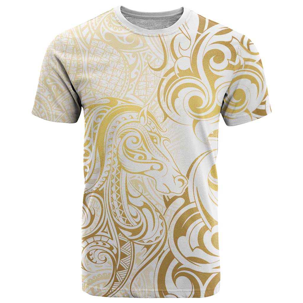 Gold And White Aotearoa Horse Racing T Shirt NZ Maori Pattern LT14 White - Polynesian Pride