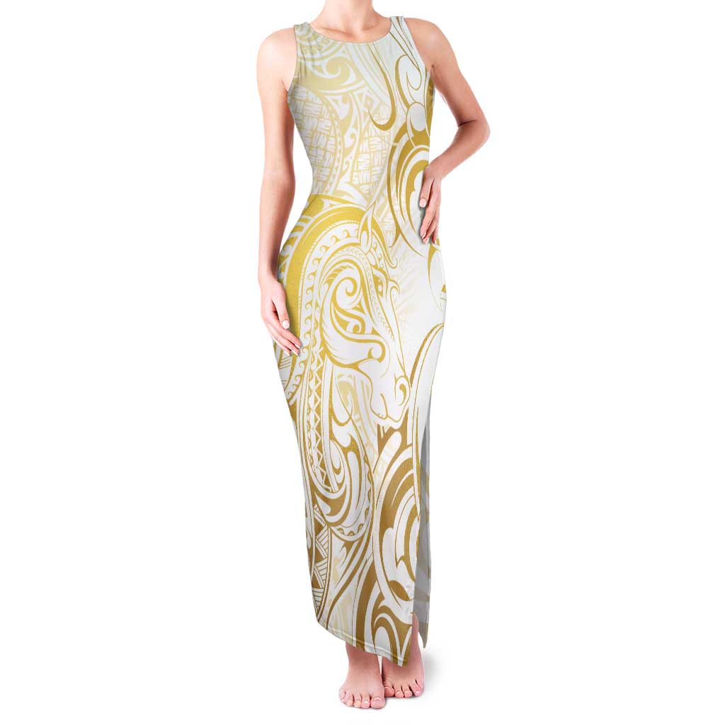 Gold And White Aotearoa Horse Racing Tank Maxi Dress NZ Maori Pattern LT14 Women White - Polynesian Pride