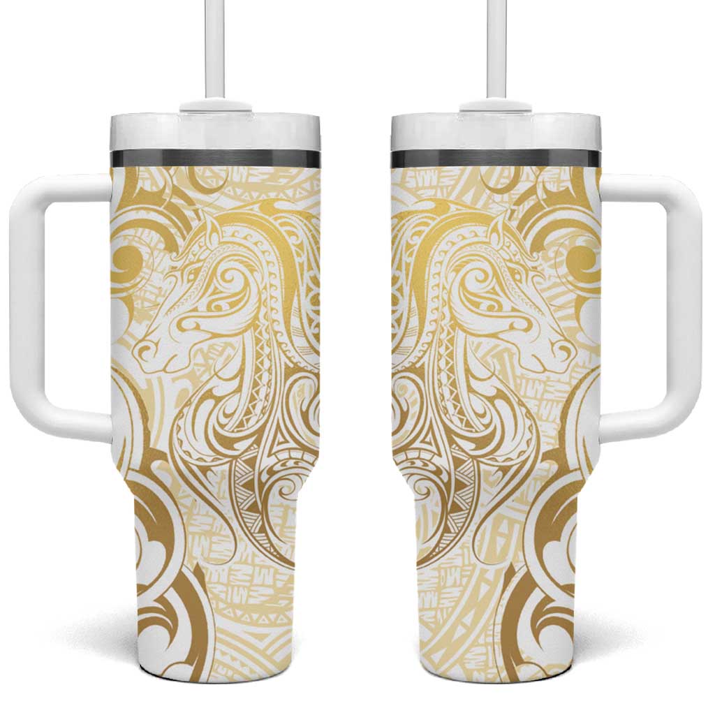 Gold And White Aotearoa Horse Racing Tumbler With Handle NZ Maori Pattern LT14 One Size: 40 oz White - Polynesian Pride