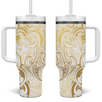 Gold And White Aotearoa Horse Racing Tumbler With Handle NZ Maori Pattern LT14 One Size: 40 oz White - Polynesian Pride