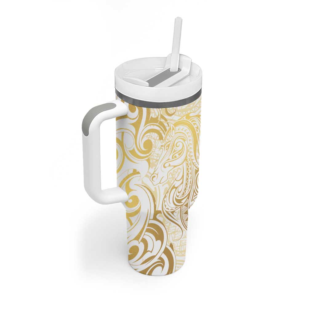 Gold And White Aotearoa Horse Racing Tumbler With Handle NZ Maori Pattern LT14 - Polynesian Pride