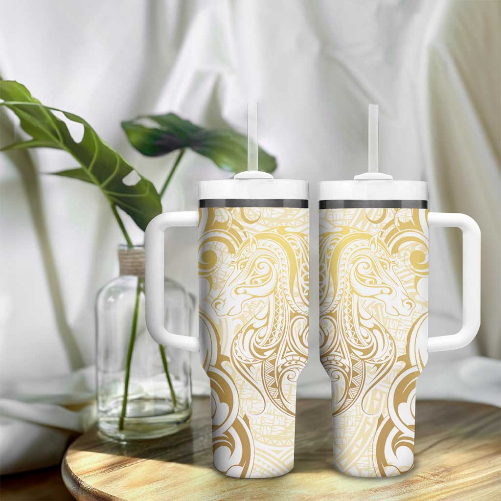 Gold And White Aotearoa Horse Racing Tumbler With Handle NZ Maori Pattern LT14 - Polynesian Pride