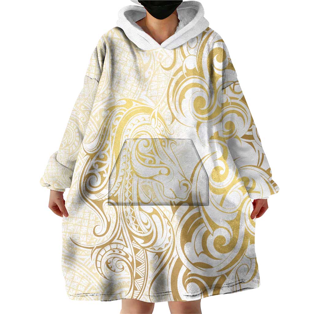 Gold And White Aotearoa Horse Racing Wearable Blanket Hoodie NZ Maori Pattern LT14 - Polynesian Pride