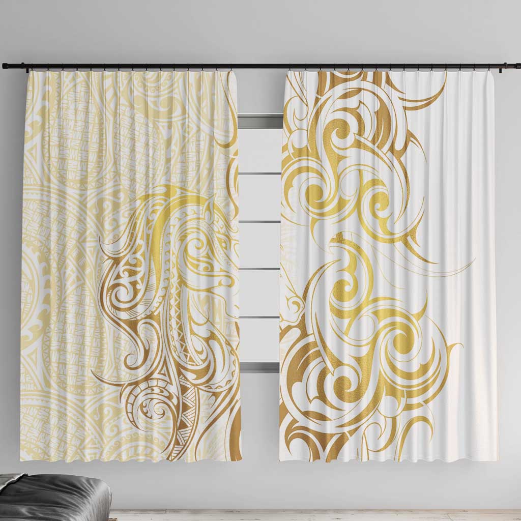 Gold And White Aotearoa Horse Racing Window Curtain NZ Maori Pattern LT14 With Hooks White - Polynesian Pride