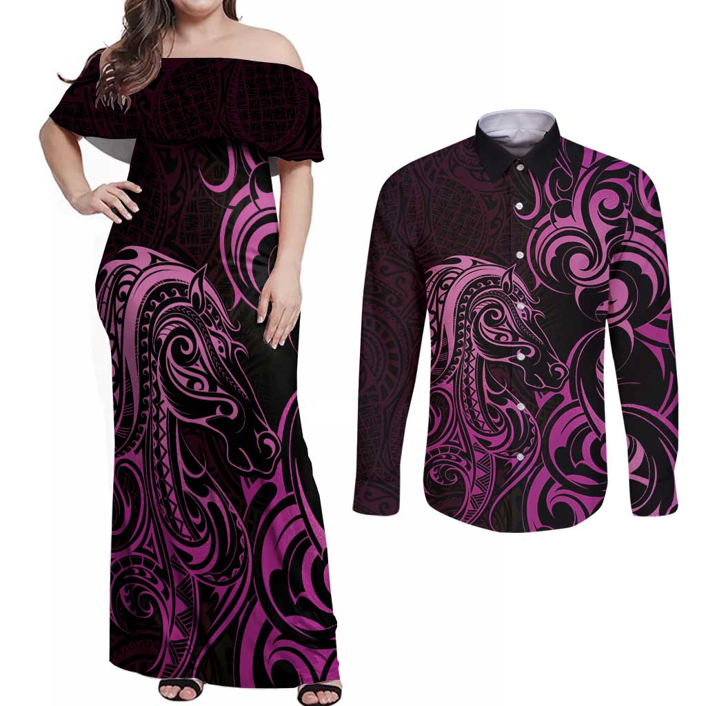 Pink Aotearoa Horse Racing Couples Matching Off Shoulder Maxi Dress and Long Sleeve Button Shirt NZ Maori Pattern LT14 Pink - Polynesian Pride