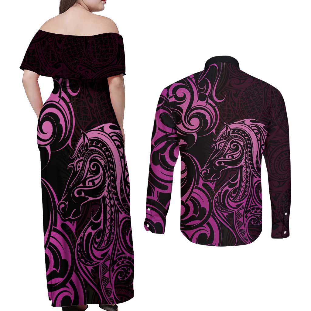 Pink Aotearoa Horse Racing Couples Matching Off Shoulder Maxi Dress and Long Sleeve Button Shirt NZ Maori Pattern LT14 - Polynesian Pride