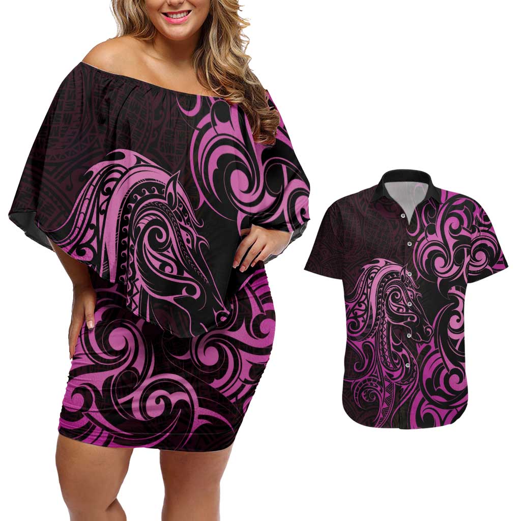 Pink Aotearoa Horse Racing Couples Matching Off Shoulder Short Dress and Hawaiian Shirt NZ Maori Pattern LT14 Pink - Polynesian Pride