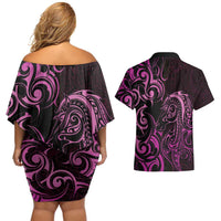 Pink Aotearoa Horse Racing Couples Matching Off Shoulder Short Dress and Hawaiian Shirt NZ Maori Pattern LT14 - Polynesian Pride
