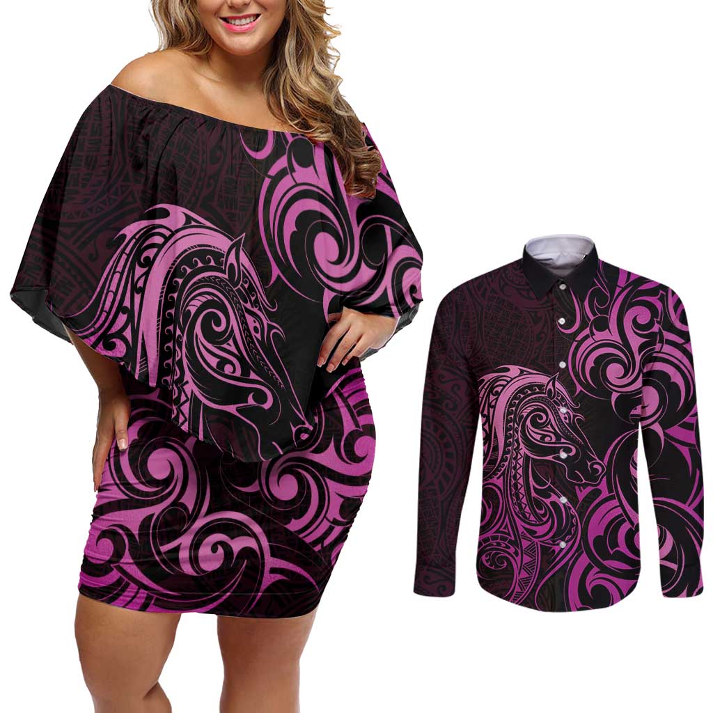 Pink Aotearoa Horse Racing Couples Matching Off Shoulder Short Dress and Long Sleeve Button Shirt NZ Maori Pattern LT14 Pink - Polynesian Pride