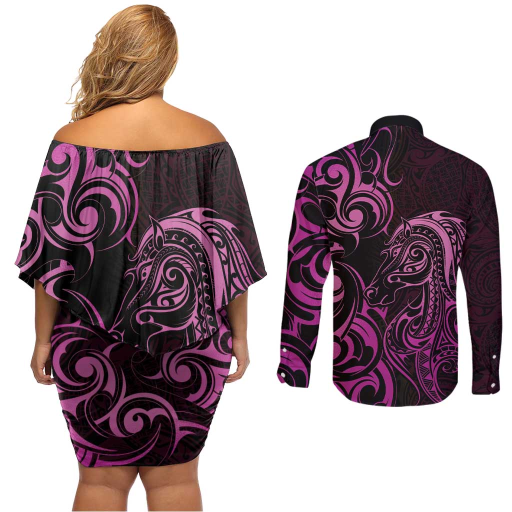 Pink Aotearoa Horse Racing Couples Matching Off Shoulder Short Dress and Long Sleeve Button Shirt NZ Maori Pattern LT14 - Polynesian Pride