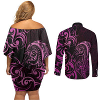 Pink Aotearoa Horse Racing Couples Matching Off Shoulder Short Dress and Long Sleeve Button Shirt NZ Maori Pattern LT14 - Polynesian Pride