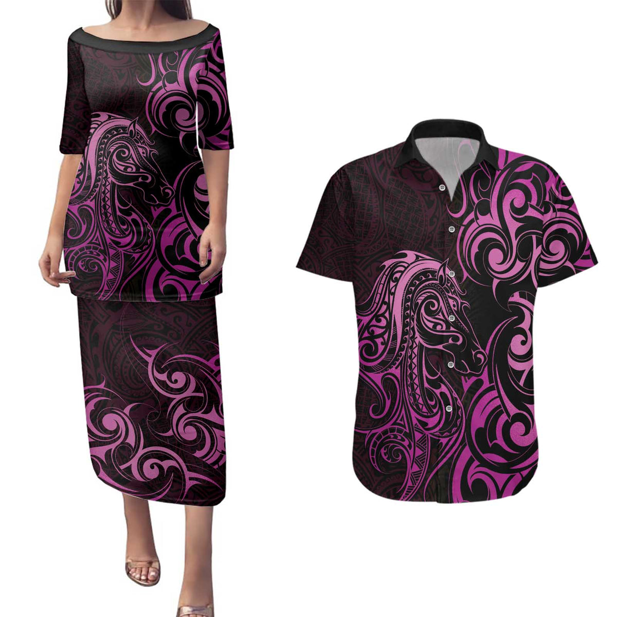 Pink Aotearoa Horse Racing Couples Matching Puletasi and Hawaiian Shirt NZ Maori Pattern LT14 Pink - Polynesian Pride