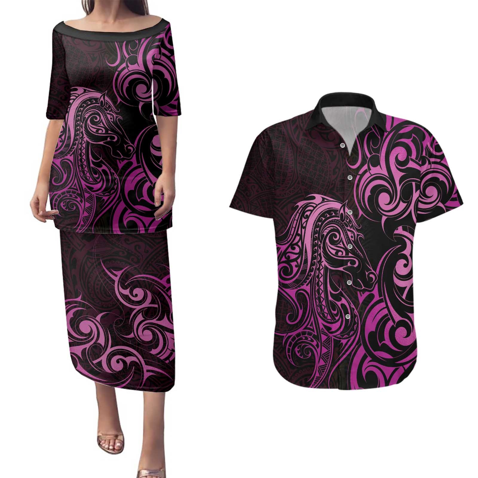 Pink Aotearoa Horse Racing Couples Matching Puletasi and Hawaiian Shirt NZ Maori Pattern LT14 Pink - Polynesian Pride