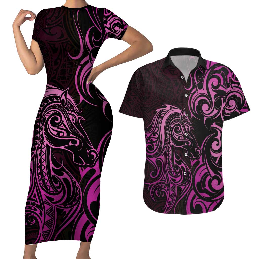 Pink Aotearoa Horse Racing Couples Matching Short Sleeve Bodycon Dress and Hawaiian Shirt NZ Maori Pattern LT14 Pink - Polynesian Pride
