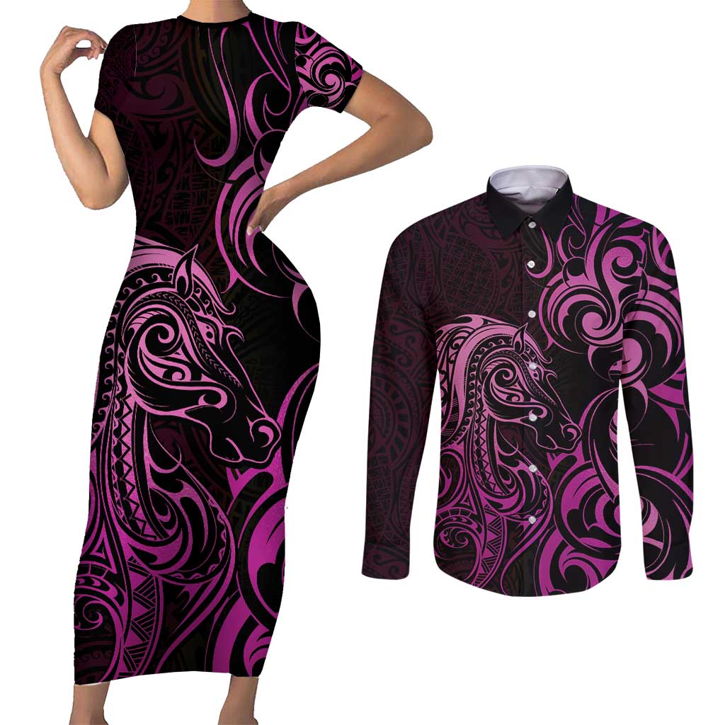 Pink Aotearoa Horse Racing Couples Matching Short Sleeve Bodycon Dress and Long Sleeve Button Shirt NZ Maori Pattern LT14 Pink - Polynesian Pride