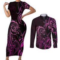 Pink Aotearoa Horse Racing Couples Matching Short Sleeve Bodycon Dress and Long Sleeve Button Shirt NZ Maori Pattern LT14 Pink - Polynesian Pride