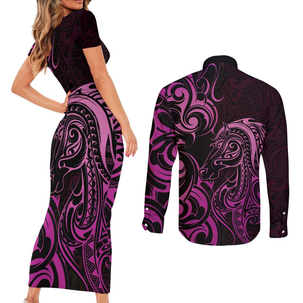 Pink Aotearoa Horse Racing Couples Matching Short Sleeve Bodycon Dress and Long Sleeve Button Shirt NZ Maori Pattern LT14 - Polynesian Pride