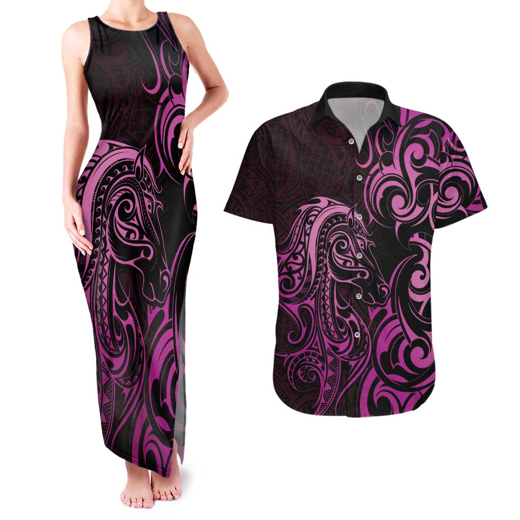 Pink Aotearoa Horse Racing Couples Matching Tank Maxi Dress and Hawaiian Shirt NZ Maori Pattern LT14 Pink - Polynesian Pride