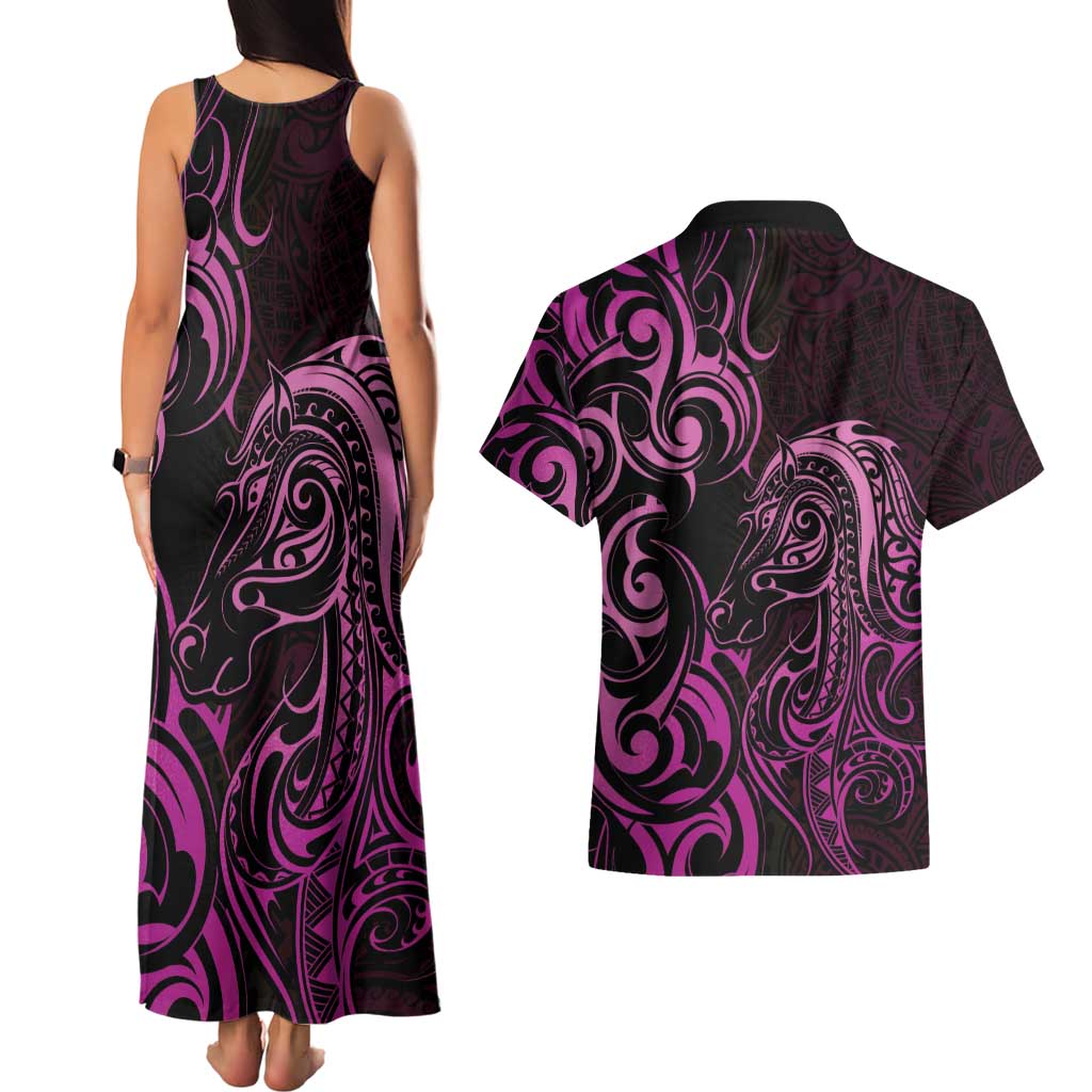 Pink Aotearoa Horse Racing Couples Matching Tank Maxi Dress and Hawaiian Shirt NZ Maori Pattern LT14 - Polynesian Pride