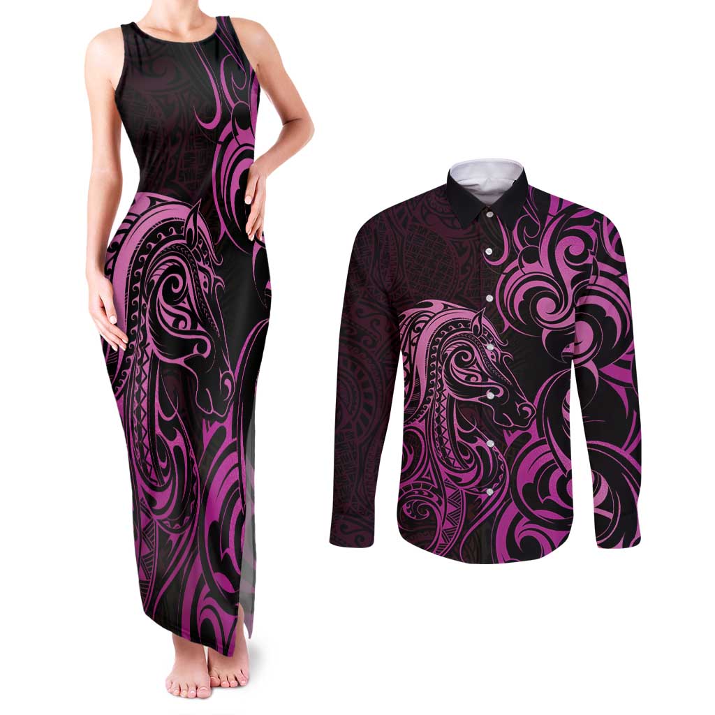 Pink Aotearoa Horse Racing Couples Matching Tank Maxi Dress and Long Sleeve Button Shirt NZ Maori Pattern LT14 Pink - Polynesian Pride