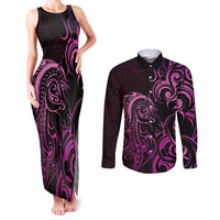 Pink Aotearoa Horse Racing Couples Matching Tank Maxi Dress and Long Sleeve Button Shirt NZ Maori Pattern LT14 Pink - Polynesian Pride