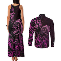 Pink Aotearoa Horse Racing Couples Matching Tank Maxi Dress and Long Sleeve Button Shirt NZ Maori Pattern LT14 - Polynesian Pride