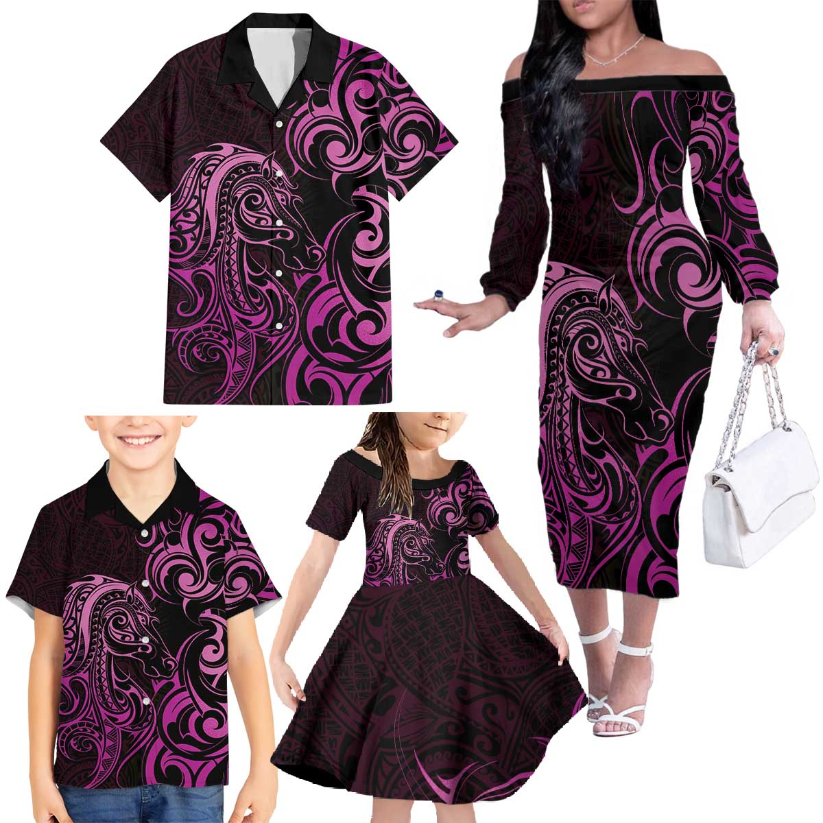 Pink Aoteara Horse Racing Family Matching Off The Shoulder Long Sleeve Dress and Hawaiian Shirt NZ Maori Pattern