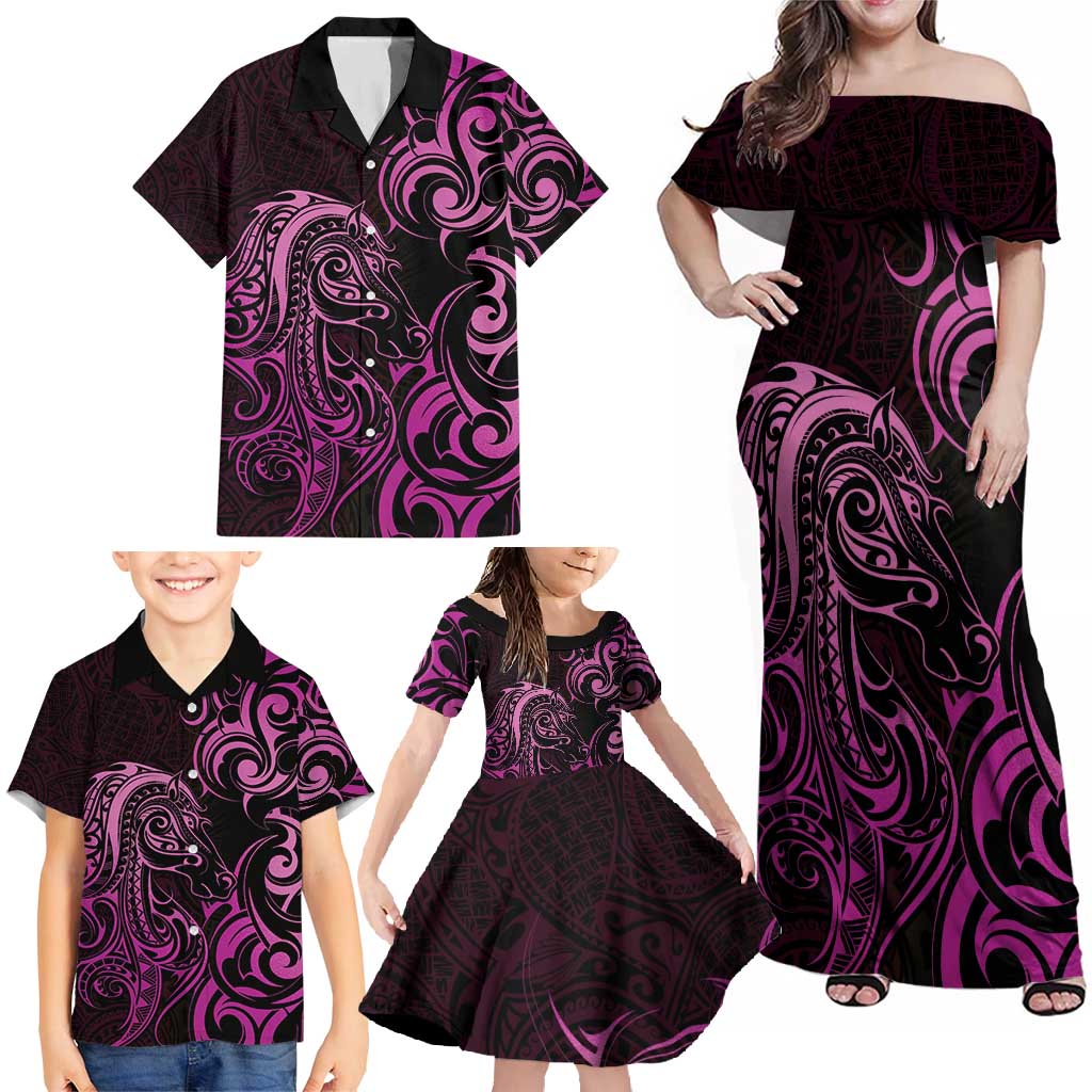 Pink Aoteara Horse Racing Family Matching Off Shoulder Maxi Dress and Hawaiian Shirt NZ Maori Pattern