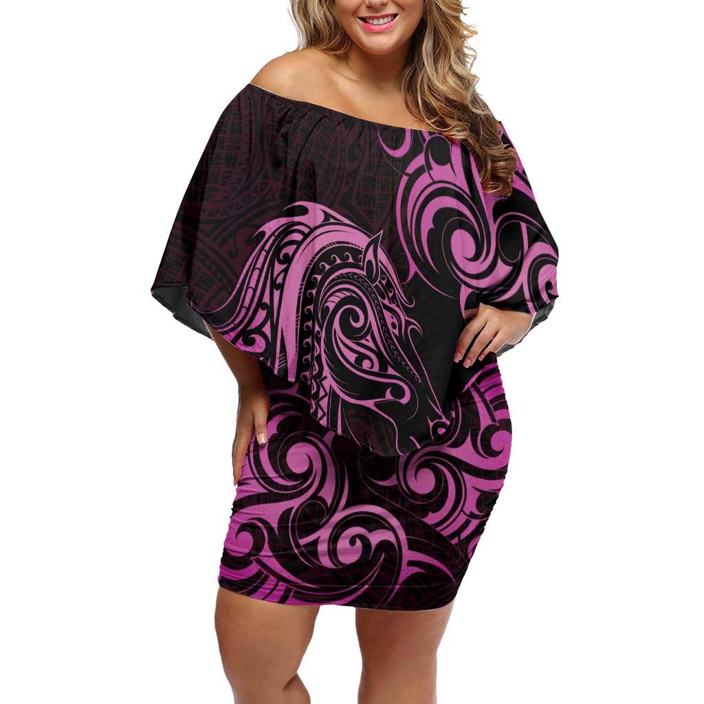 Pink Aotearoa Horse Racing Off Shoulder Short Dress NZ Maori Pattern LT14 Women Pink - Polynesian Pride