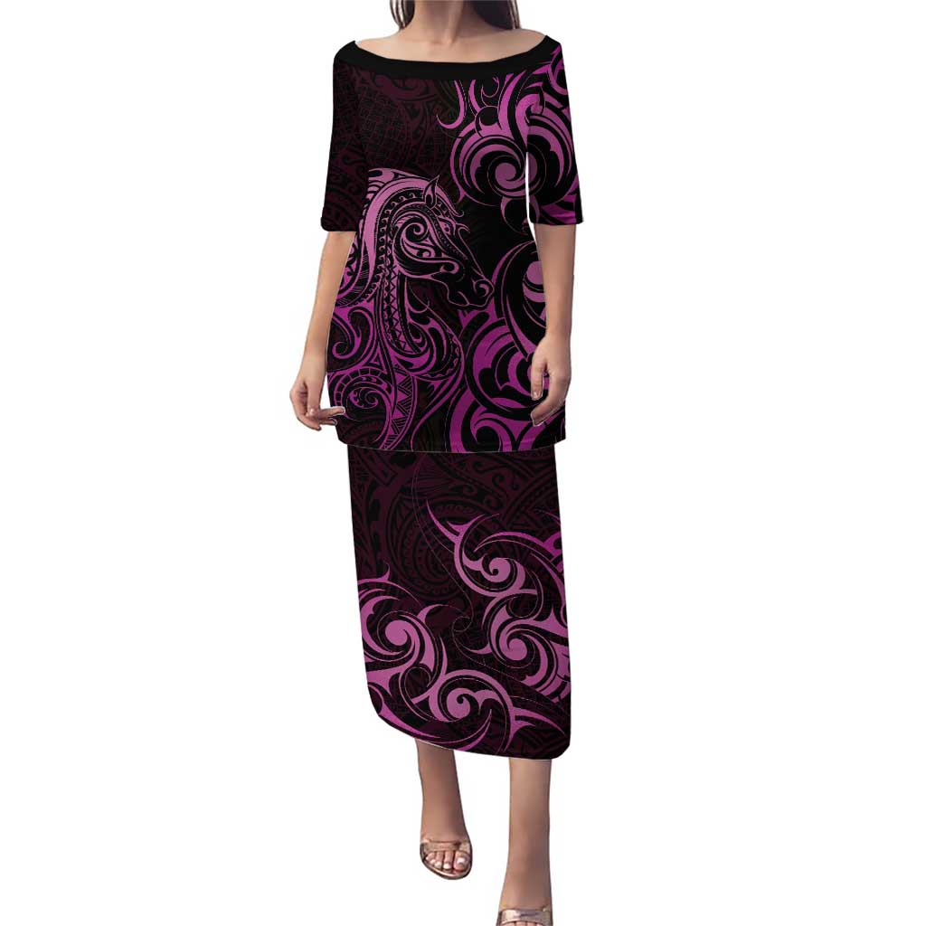 Pink Aotearoa Horse Racing Puletasi NZ Maori Pattern LT14 Long Dress Pink - Polynesian Pride