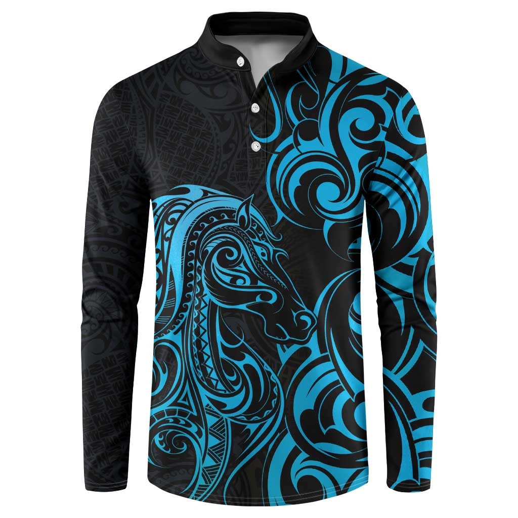 Blue Aoteara Horse Racing Button Sweatshirt NZ Maori Pattern