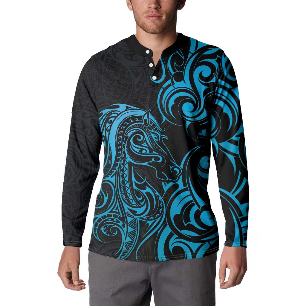 Blue Aoteara Horse Racing Button Sweatshirt NZ Maori Pattern