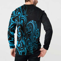 Blue Aoteara Horse Racing Button Sweatshirt NZ Maori Pattern