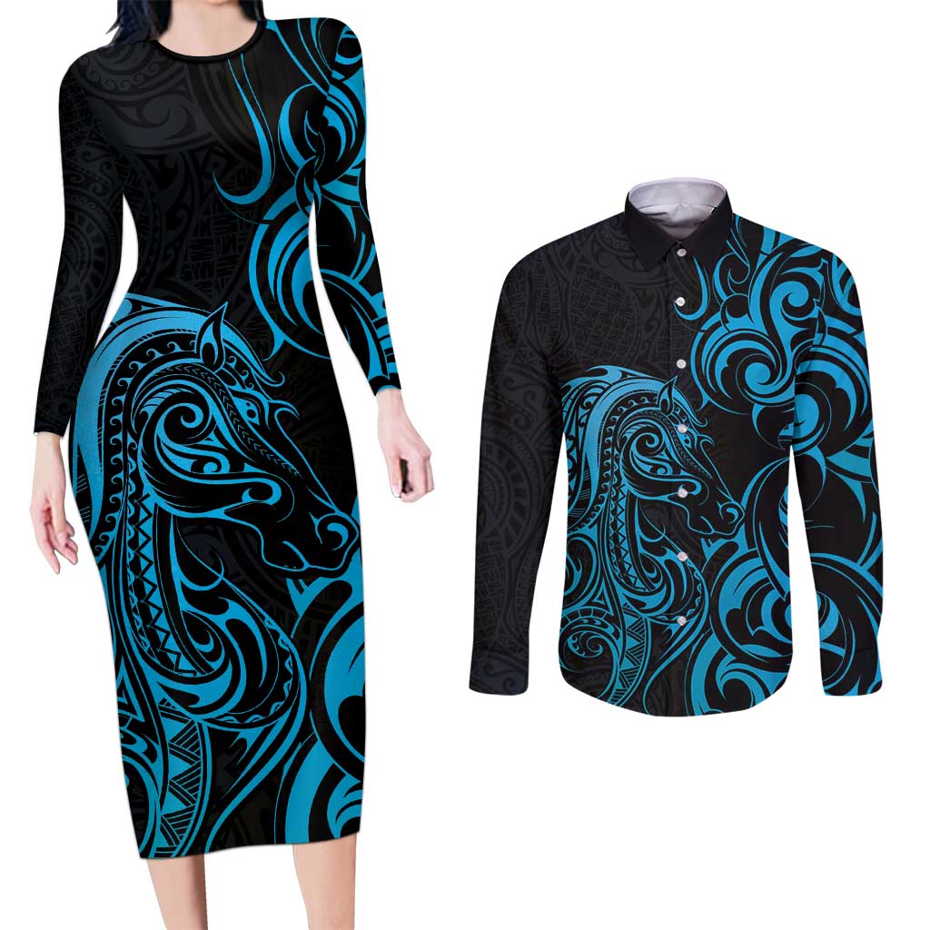 Blue Aotearoa Horse Racing Couples Matching Long Sleeve Bodycon Dress and Long Sleeve Button Shirt NZ Maori Pattern LT14 Blue - Polynesian Pride