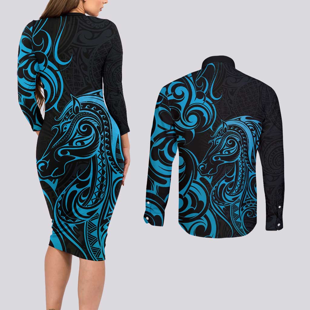 Blue Aotearoa Horse Racing Couples Matching Long Sleeve Bodycon Dress and Long Sleeve Button Shirt NZ Maori Pattern LT14 - Polynesian Pride