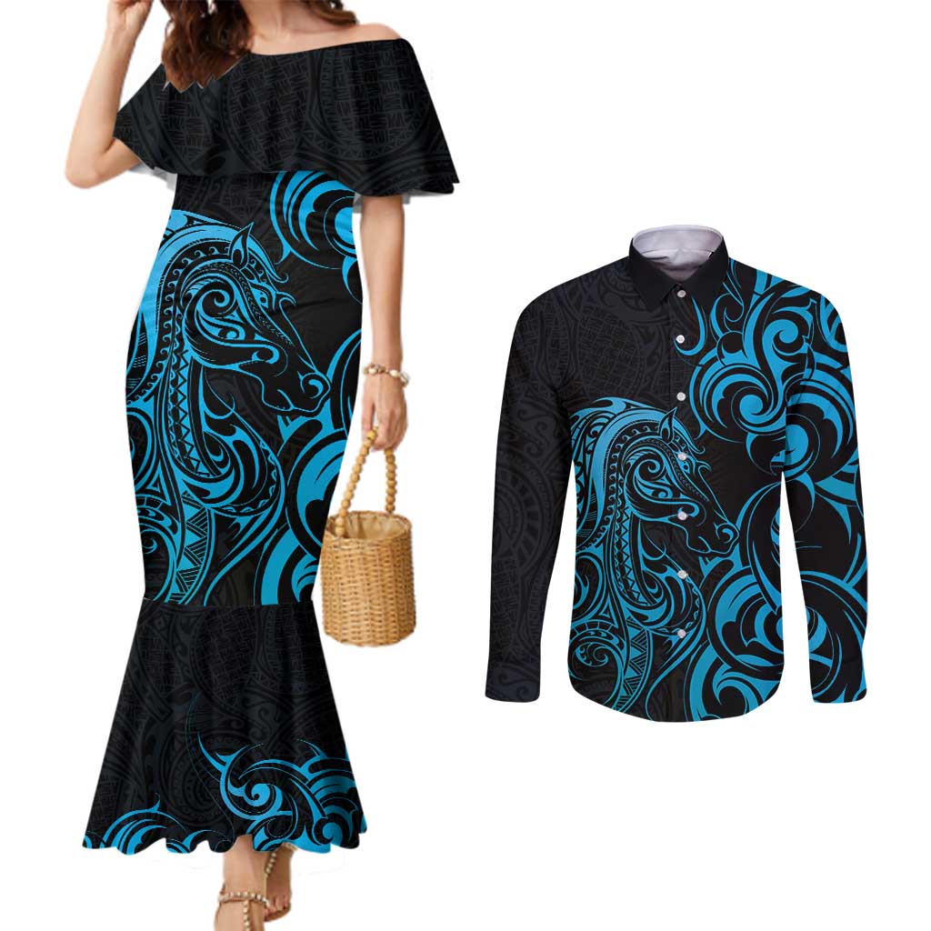 Blue Aotearoa Horse Racing Couples Matching Mermaid Dress and Long Sleeve Button Shirt NZ Maori Pattern LT14 Blue - Polynesian Pride